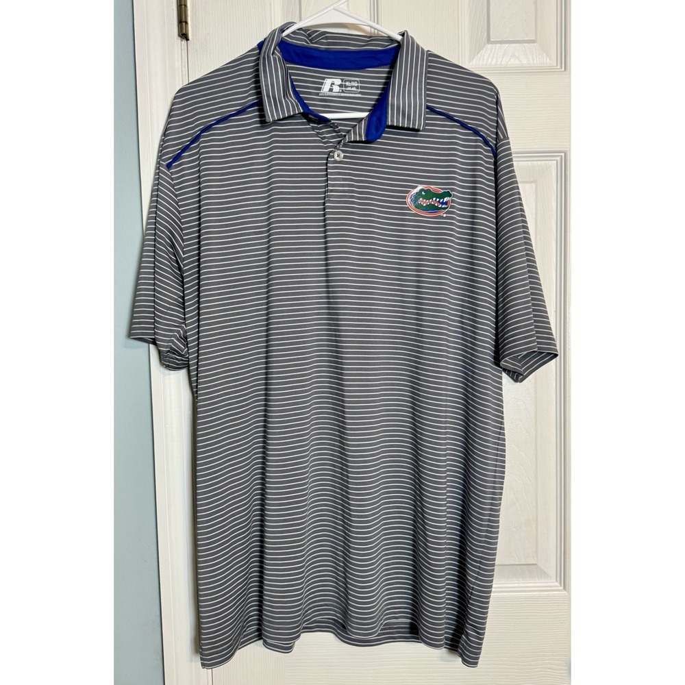 Russell Florida Gators Blue/Gray White Striped Polo, 100% Polyester, XL